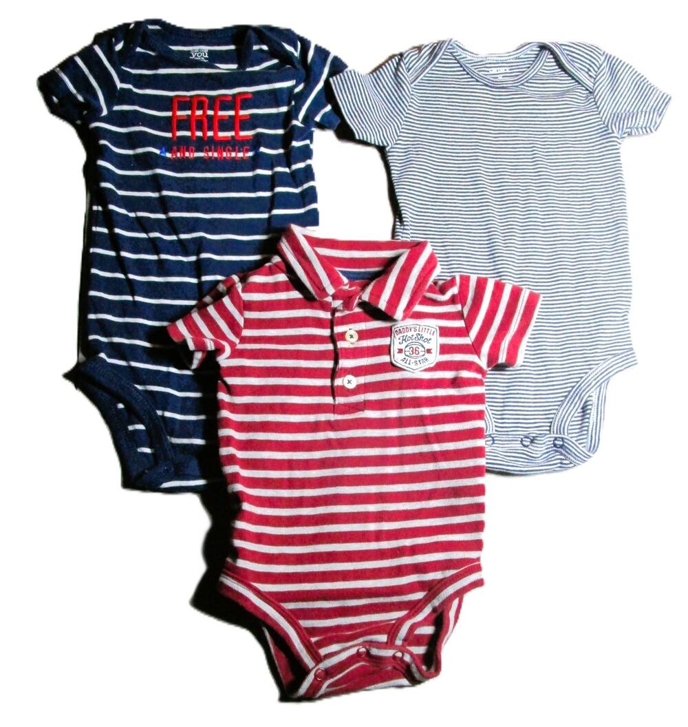 Carter's Baby Bodysuit Bundle 3 Cotton One-Pieces Red & Blue Stripes Size 9 Mos